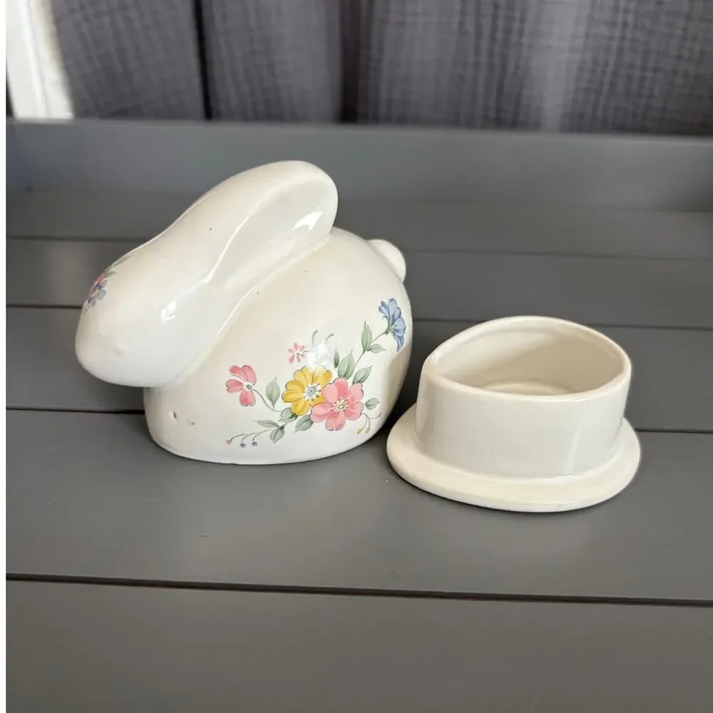 Vtg 1980s Porcelain Floral Rabbit Trinket Box